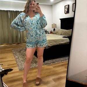 Cupshe Teal and Orange Floral Romper